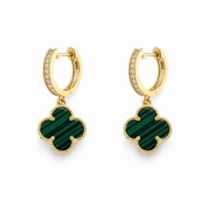 Boucles d’oreilles pendantes d’or 18k, pierre verte « malachite » trèfles 2.91g