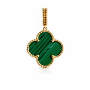 Pendentif d’or 18k, trèfle avec pierre verte « malachite » 16mm, 2.25g