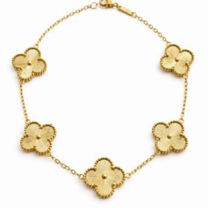 Bracelet d’or 18k, 5 trèfles de 15mm (grand format), ajustable 18-19cm, 6.32g