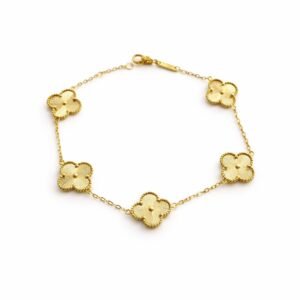 Bracelet d’or 18k, 5 trèfles de 15mm (grand format), ajustable 18-19cm, 6.32g