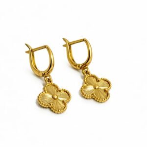 Boucles d’oreilles pendantes d’or 18k, trèfles de 12mm, 2.90g