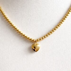 Collier billes et cœur d’or 18k, 45cm, 3g