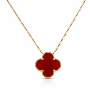 Collier d’or 18k, trèfle pierre rouge « cornaline », 45cm , 2.25g