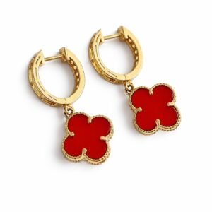 Boucles d’oreilles pendantes d’or 18k, pierre rouge « cornaline » trèfles 2.92g