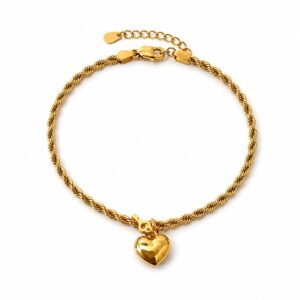 Bracelet d’or 18k , torsade avec cœur et clé,  ajustable 17-19cm, 3.07g