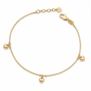 Bracelet d’or 18k, billes et trois cœurs, ajustable de 16.5cm à 19cm, 2.58g