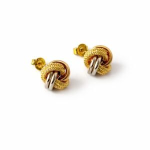 Boucles d’oreilles d’or 18k trois tons, noeuds d’amour 5mm (petit), 1.11g